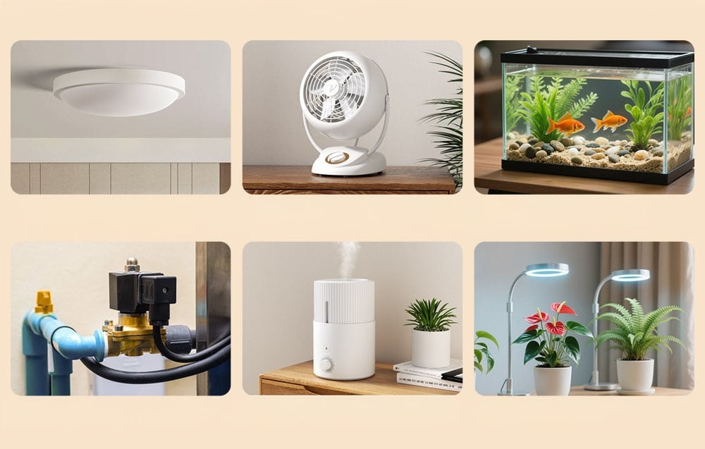 Collage of six smart devices - lamps, fans, aquarium, valve, humidifier and plant lights