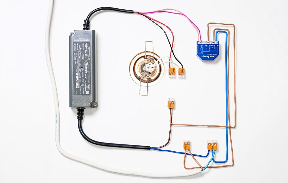Wiring diagram with a ceiling light, a Mean Well power supply, and the blue Shelly module