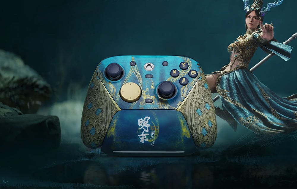 Blue-gold gaming controller with decorative design and Chinese characters, set against a background of a fantasy character in armor