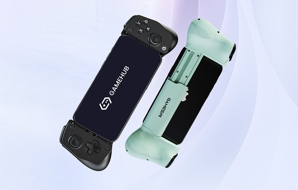 Two GameSir controllers with smartphones attached, visible from the front and back against a bright background.