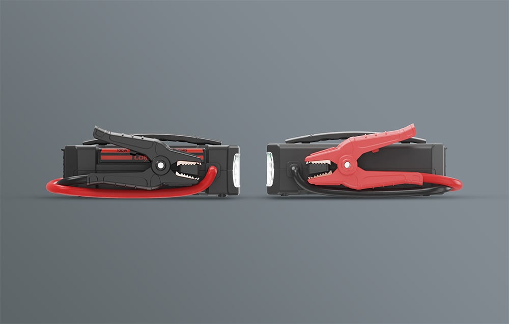 Two LOKITHOR jump starters viewed from the side, with clamps attached.