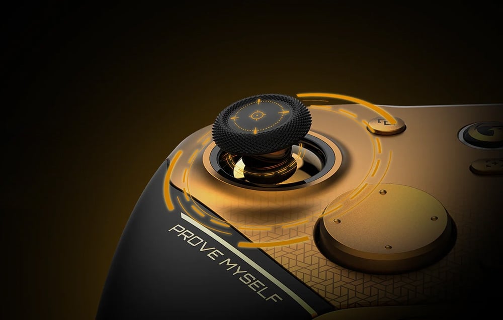 Close-up of the controller’s analog joystick with backlit graphics around the stick and the text “PROVE MYSELF”