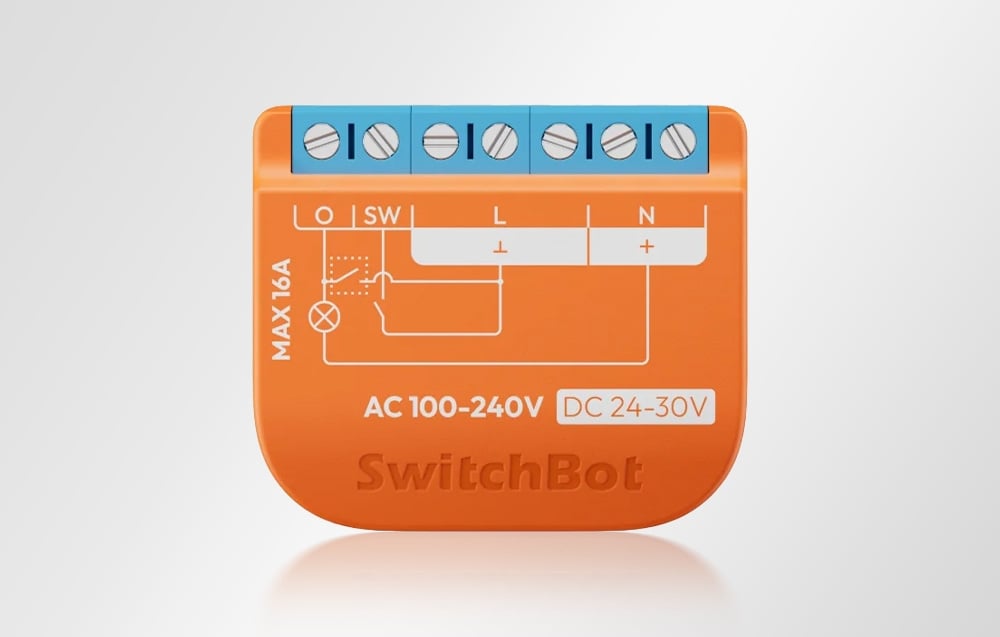 Front view of SwitchBot module showing wiring diagram with O, SW, L and N inputs marked