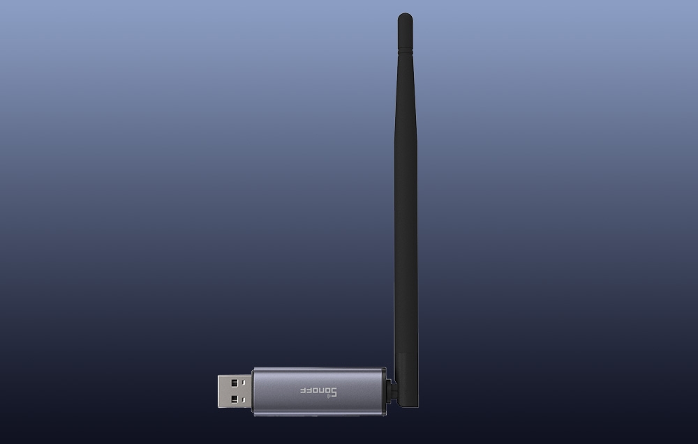 ZigBee Sonoff gateway with USB connector on dark background.