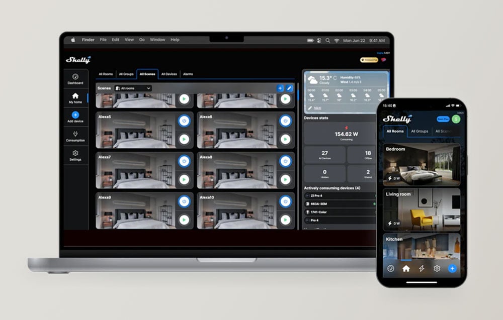 Shelly app open on a laptop and smartphone screen