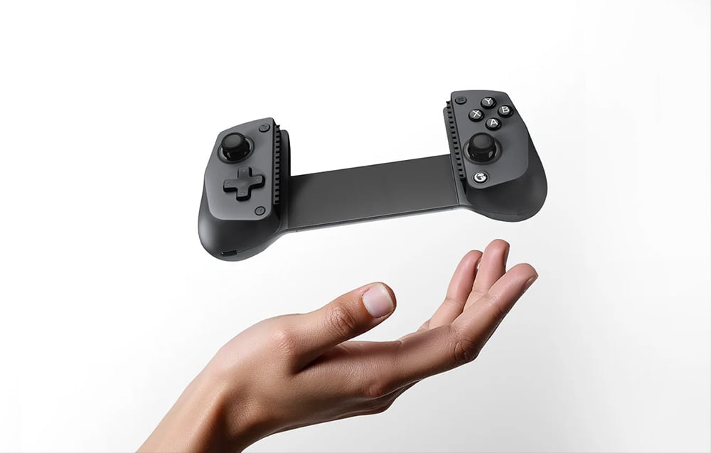 An extended controller handle without a device, hovering over an open palm on a white background