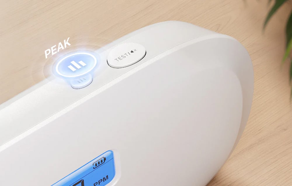 Top of carbon monoxide detector with PEAK button highlighted