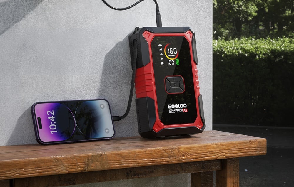 The jump starter connected to a smartphone