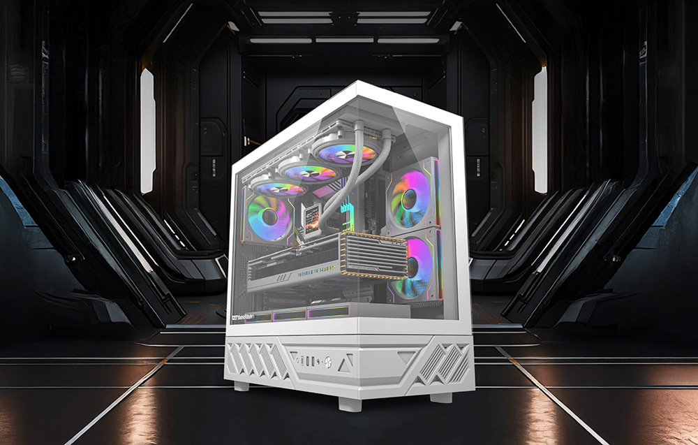 White PC case with RGB fans in a futuristic black hallway