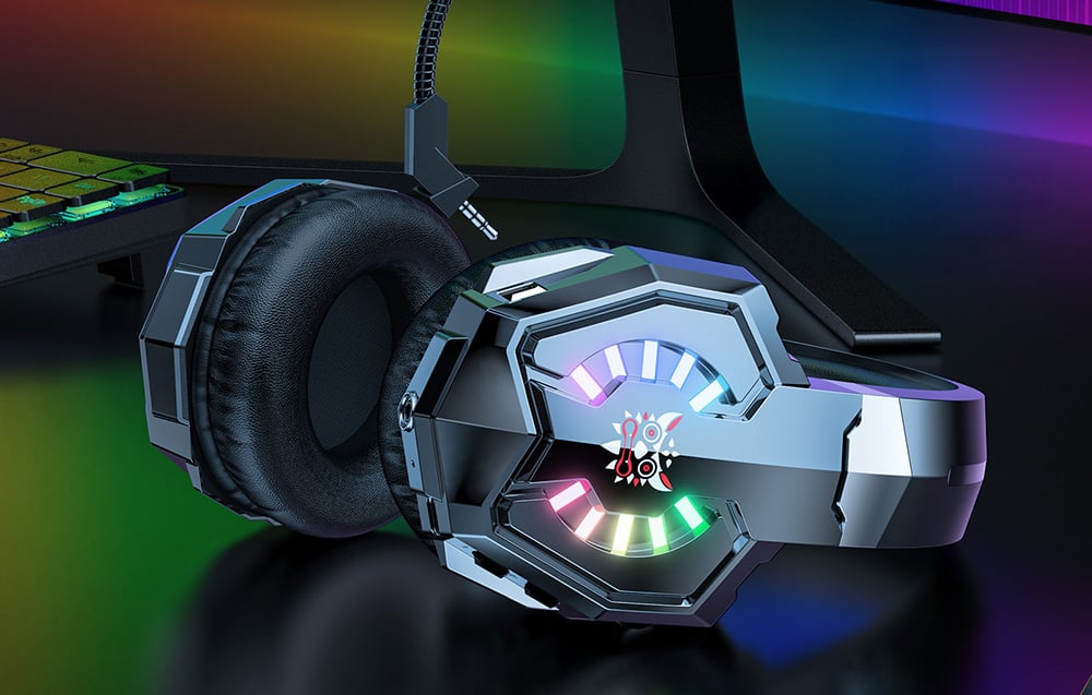 Onikuma gaming headphones lying sideways on the desk