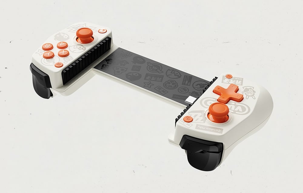 Slide-out smartphone controller without a phone, showing the flexible bridge and buttons and analog sticks on both sides