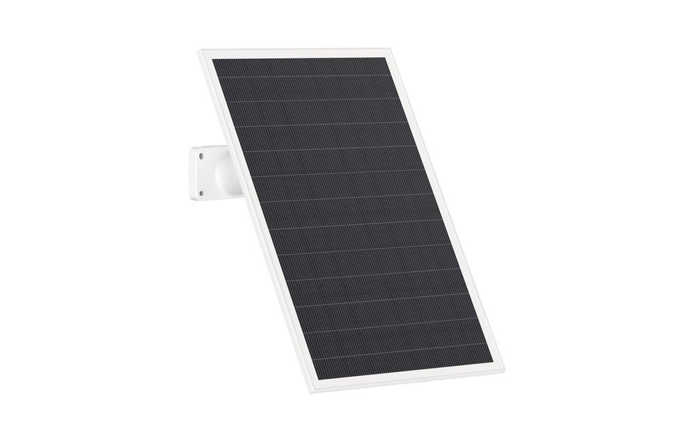 Solar panel with white mounting bracket visible on the left, angled on a white background