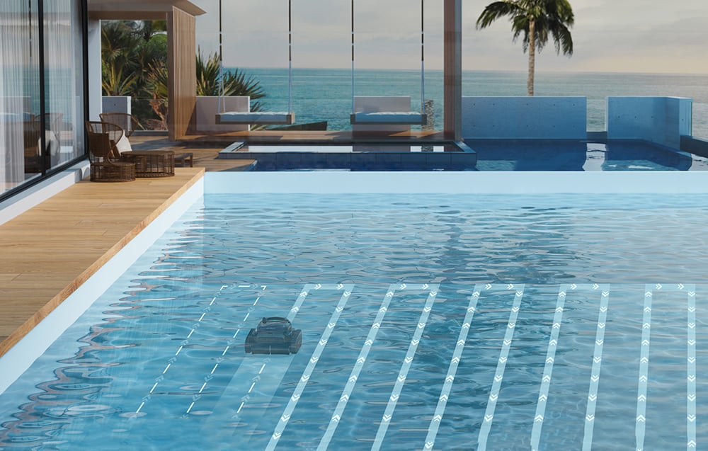 Wybot M2 in a pool with a visible cleaning route and viewing platform