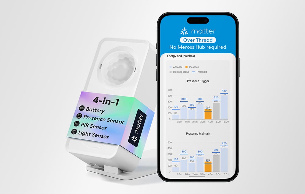 Smart presence sensor next to a smartphone with the app running