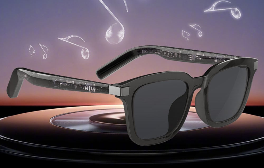 Smart glasses hovering above a turntable, with integrated circuits and musical note icons visible inside the temples.