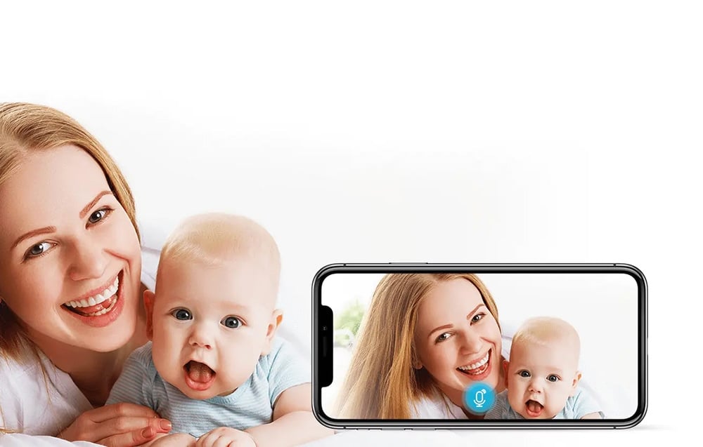 A smiling woman with an infant, next to a smartphone displaying the same view with a microphone icon
