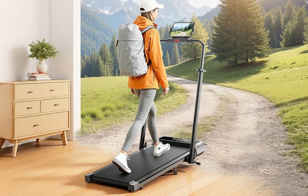A woman with a backpack on a treadmill, with a mountain landscape in the background