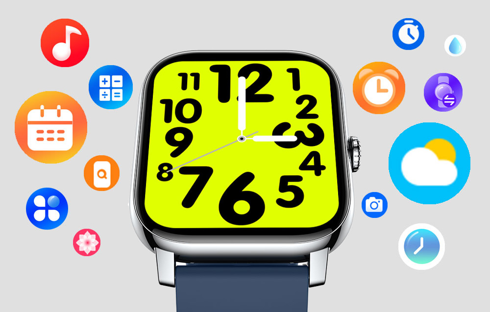 A smartwatch with a light-colored watch face and colorful function icons around the screen on a gray background