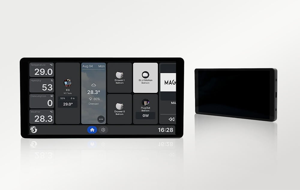 Two Shelly Wall Display X2i units on a white background – one with the main interface turned on, the other turned off.