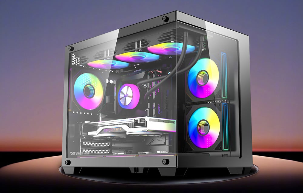Black PC case with colorful RGB fans and glass panels on a gradient background