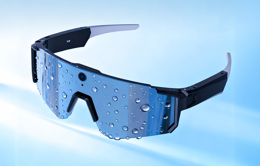 Sports sunglasses with a camera and water droplets on the lens, against a light blue background