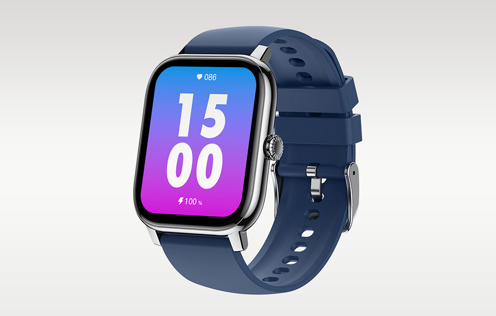 A navy blue smartwatch with a digital clock showing 3:00 PM on a purple-blue background