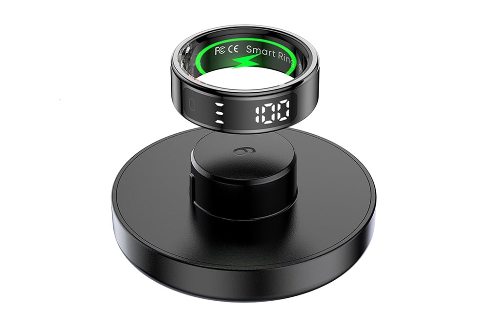 Black smartring with charging base display.