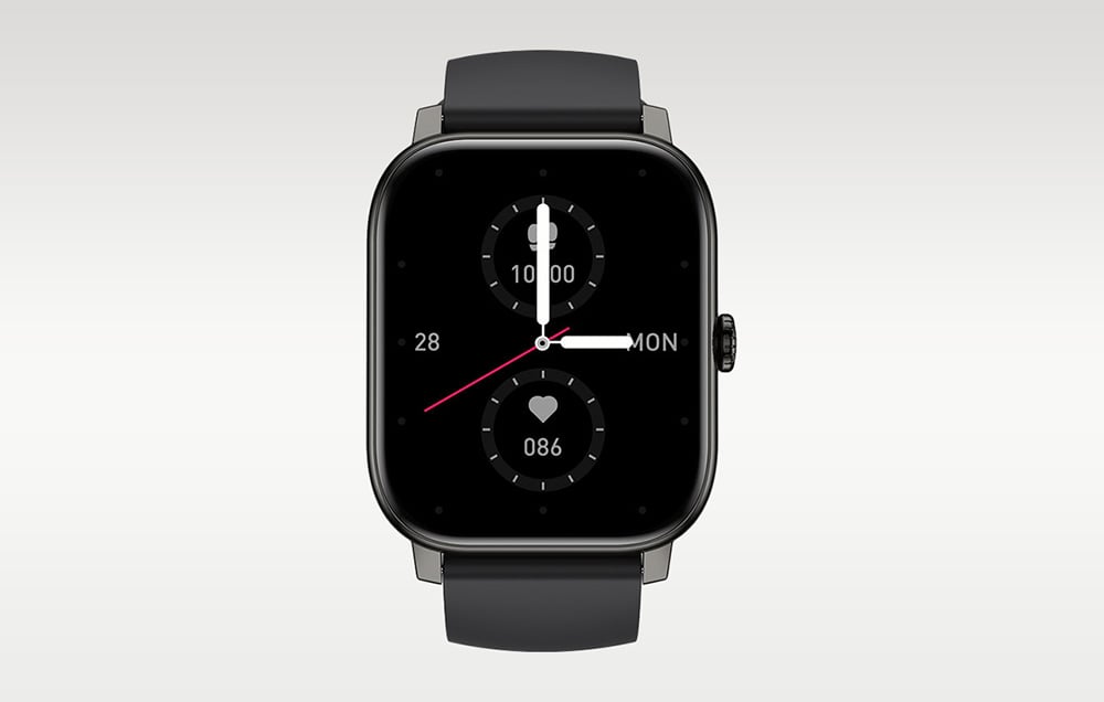 A black smartwatch with an analog dial and a black strap, front view against a light gray background