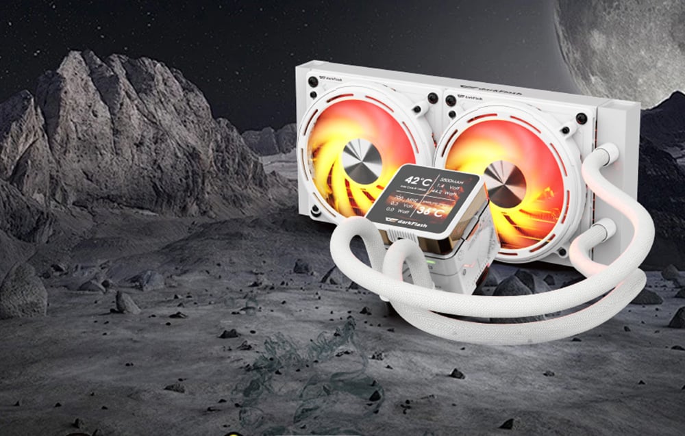 White water cooling display with rock and moon background