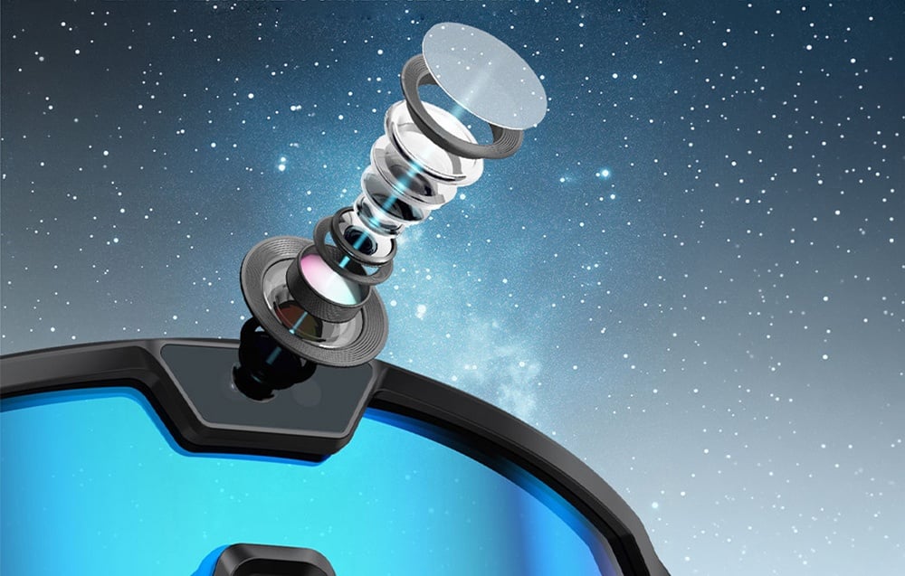 Camera module built into AI glasses broken down into several parts against a starry sky
