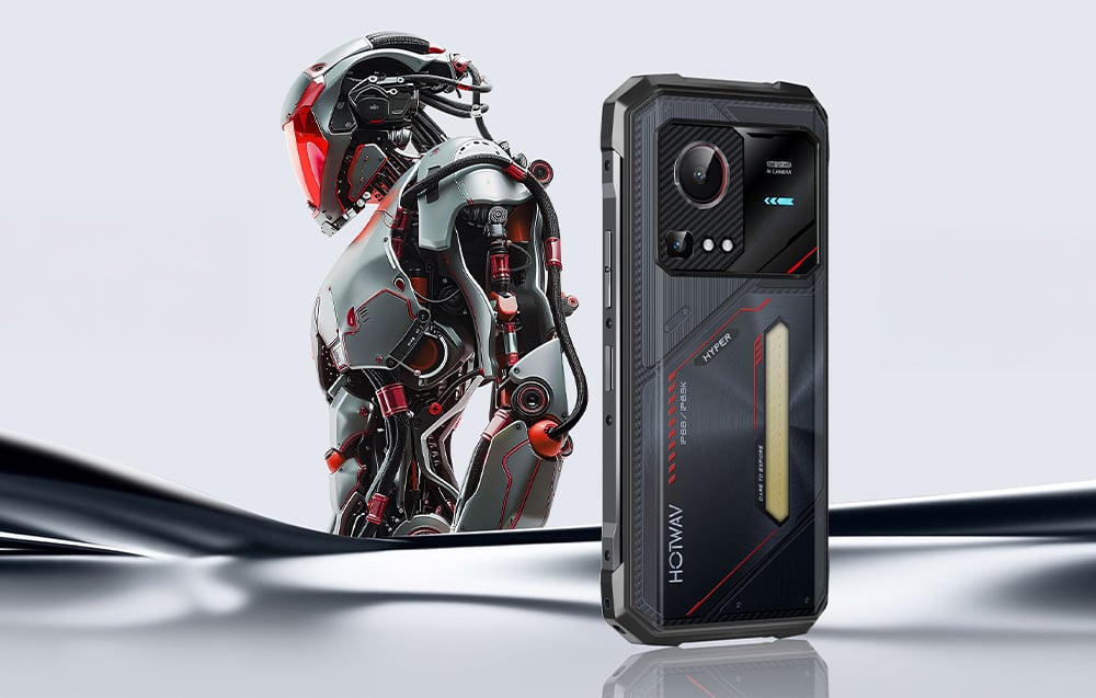 A modern robot standing next to a HOTWAV smartphone, emphasizing the futuristic design and durability of the device.