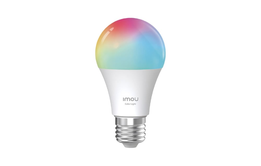 Smart multicolor light bulb displayed on a light background