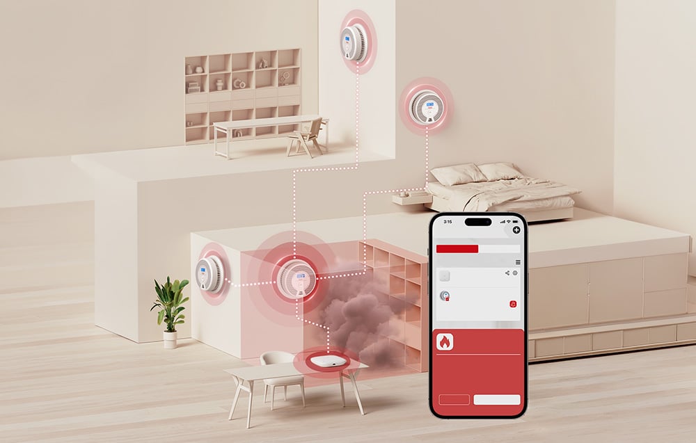 A visualization of a modern interior with a network of connected sensors, one of which detects smoke in the room