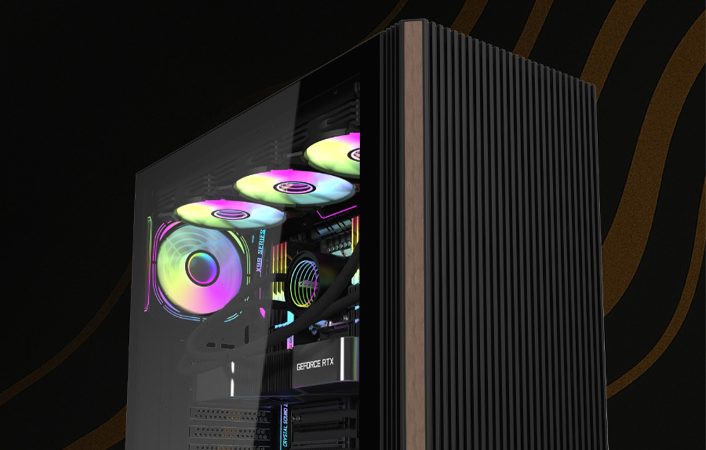 Black computer case with glass side panel and black and brown front panel.