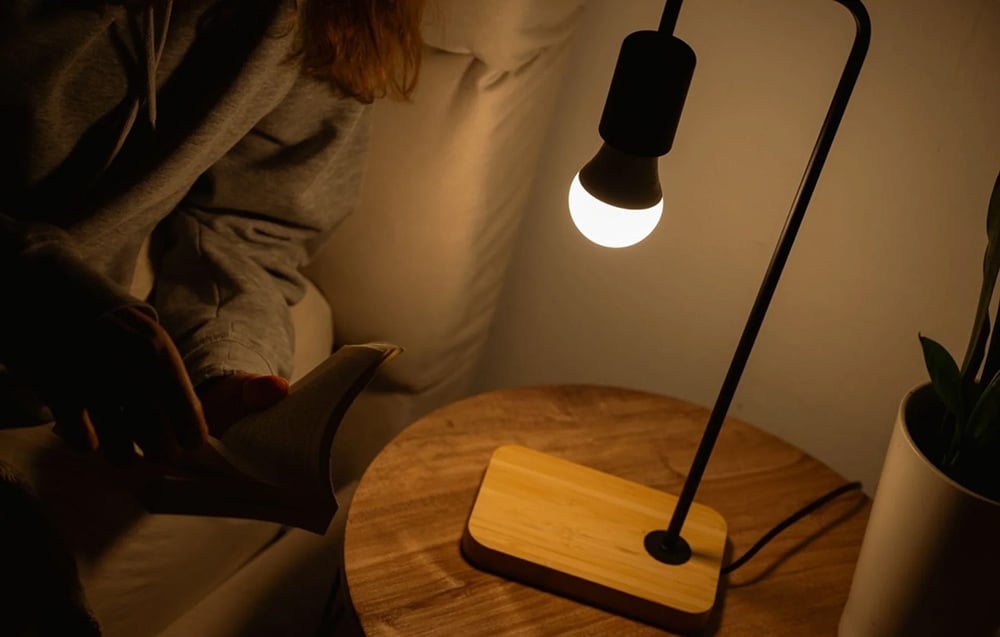A person in a gray sweatshirt is holding a book next to a desk lamp with a wooden base and a warm-toned light bulb