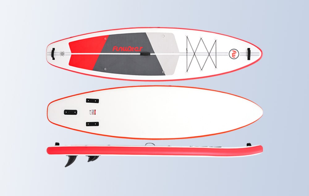 3 Funwater surfboards from different angles on a light background