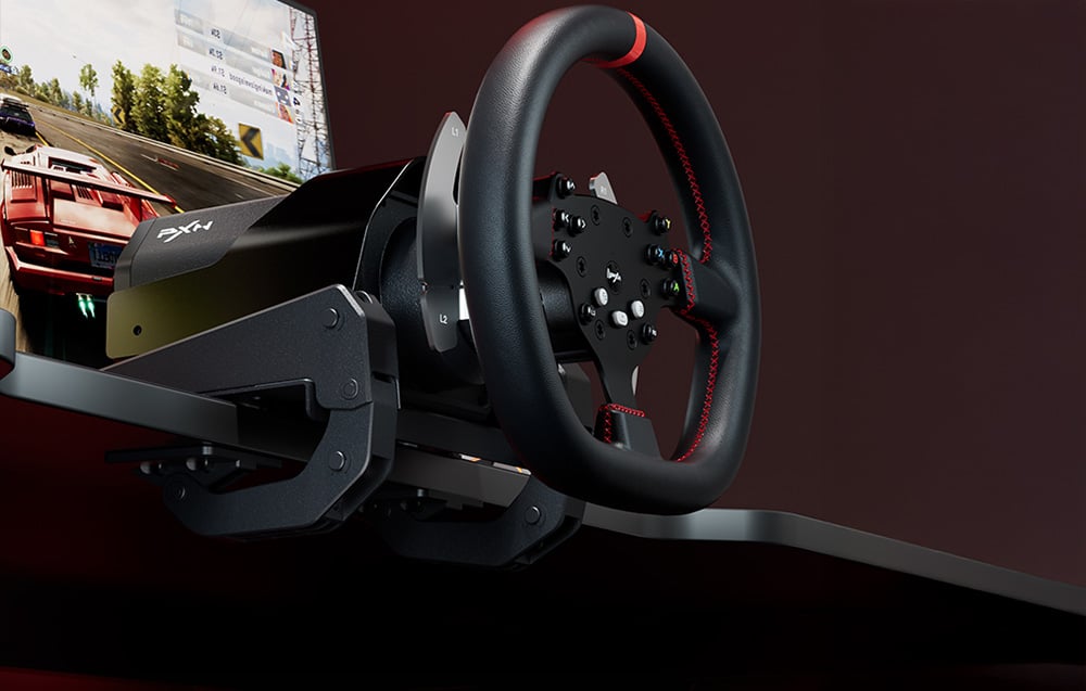 PXN steering wheel mounted in the base with a racing screen in the background, showing gaming use
