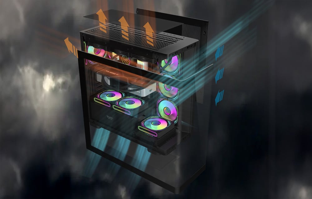 Black computer case with fans and arrows indicating airflow direction