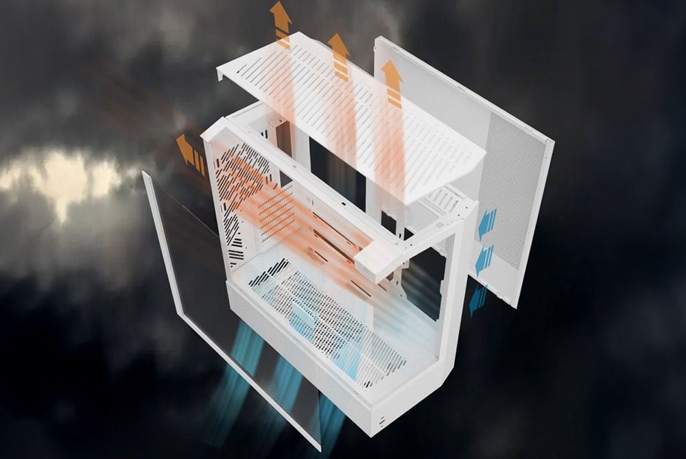 Unfolding white computer case with airflow shown with arrows on a blurry background