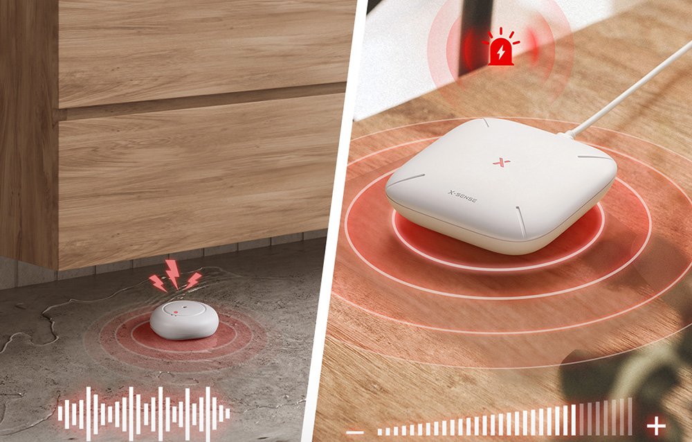 Comparison of an active flood sensor on a wet floor with a base station emitting an audible signal
