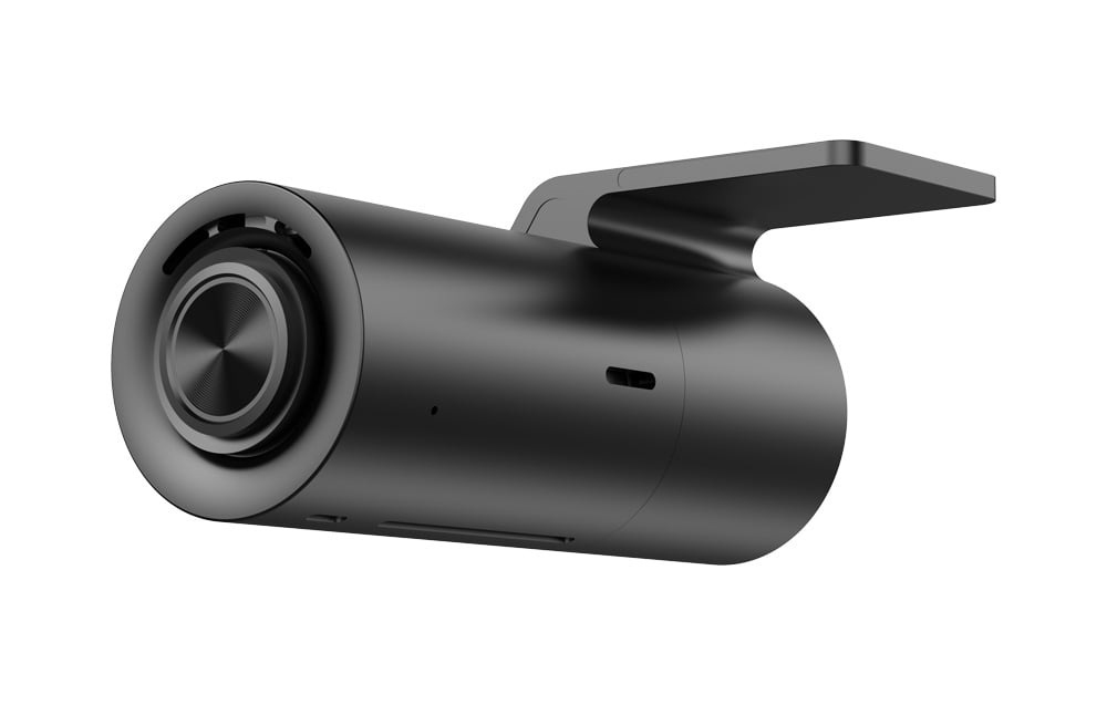Rear view of the black dashcam with mount and side button, angled view on a white background