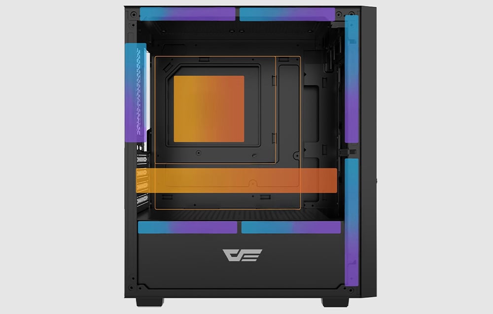 Visualization showing the mounting options for computer components in the Darkflash M305 computer case.