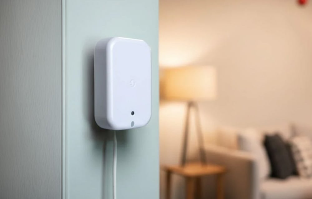 A white, rectangular electronic device on the wall in the living room, with a power cord