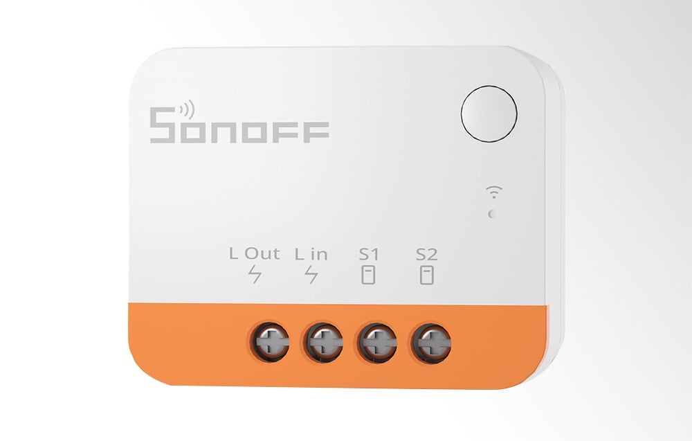 Front view of the Sonoff ZBMINI Extreme module with terminal markings and orange base