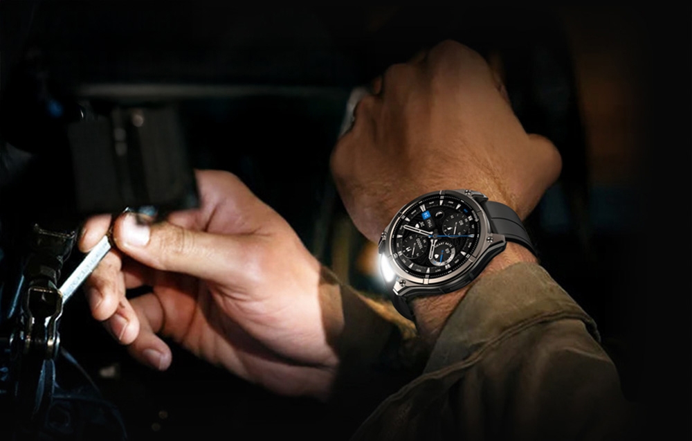 Smartwatch with built-in flashlight on the wrist in the dark