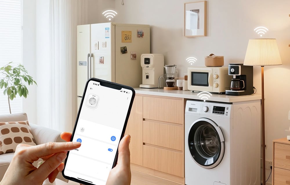 A person using the app to control plugs in the kitchen, with various home appliances marked with Wi-Fi icons