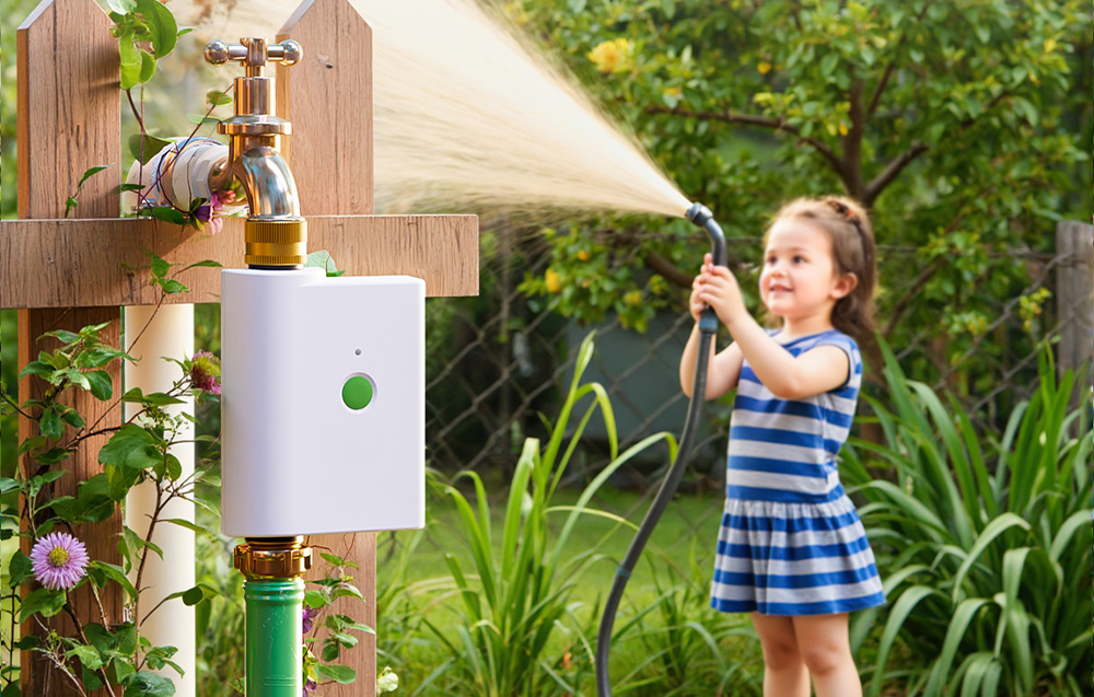 A girl watering plants in the garden, with a smart irrigation controller on the left