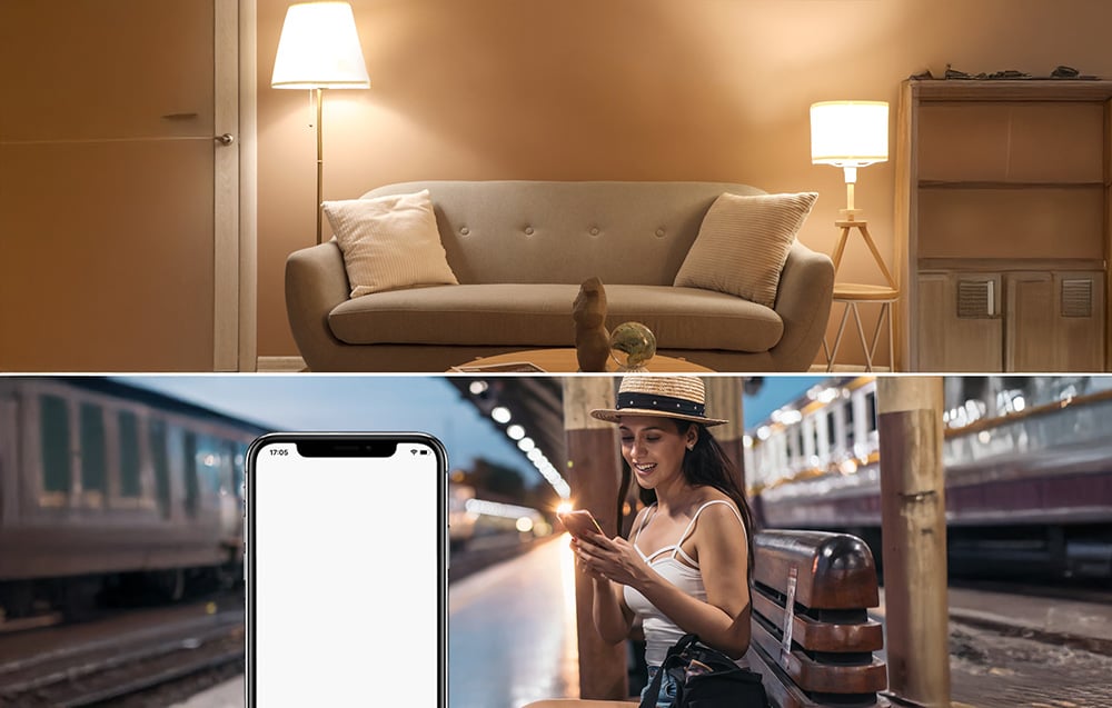 Split screen with lights on in the living room at the top and a woman operating a smartphone on the train platform at the bottom