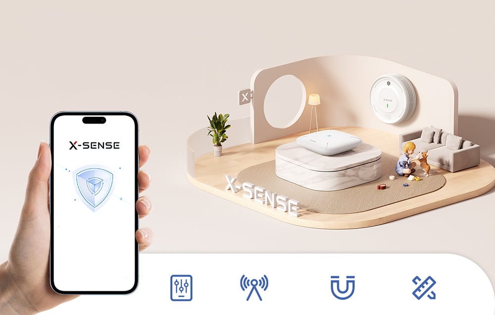 Visualization of a smart home with a sensor, base station, and smartphone running the X-Sense app
