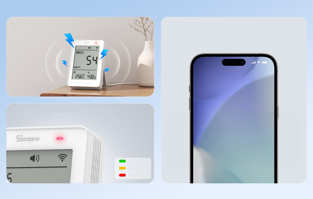 Air quality meter emitting a sound signal, in the photo below a close-up of the meter's indicator lights, and next to it a smartphone
